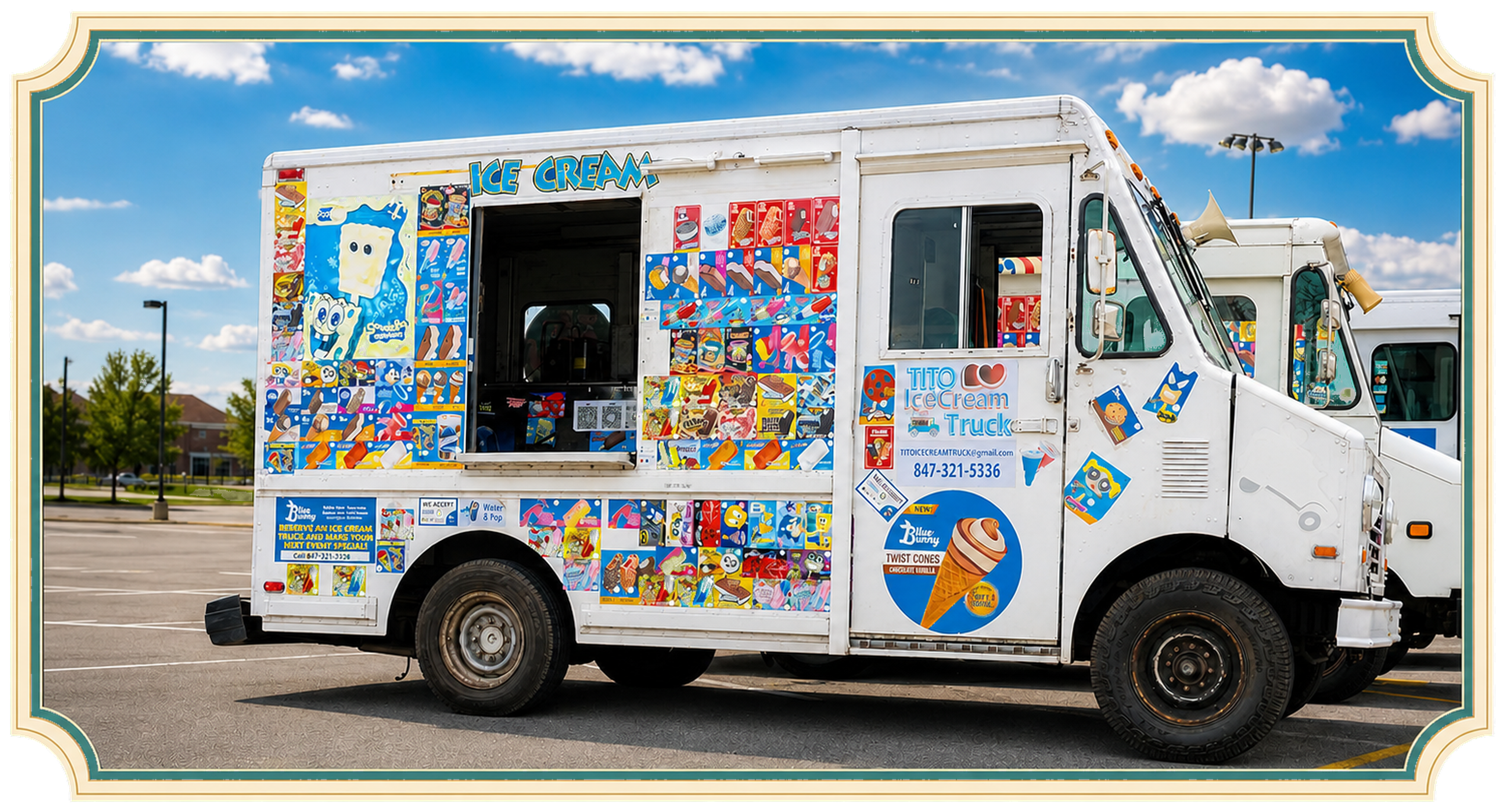 Classic white ice cream truck under a sunny blue sky